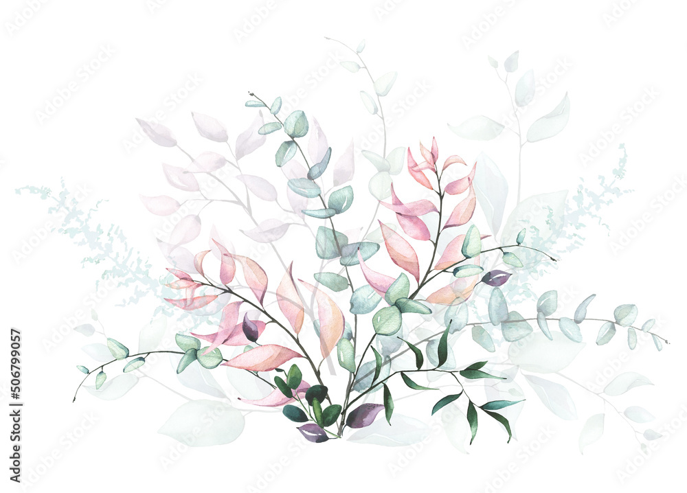 Watercolor arrangement with blue, green, turquoise, violet, pink flowers, branches, leaves, eucalyptus twigs.