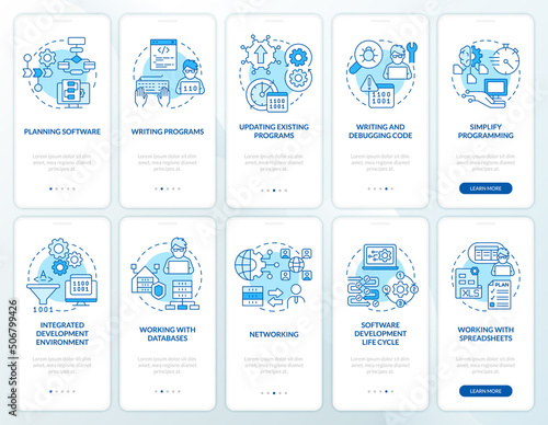 Professional programmer skills blue onboarding mobile app screen set. Walkthrough 5 steps graphic instructions pages with linear concepts. UI, UX, GUI template. Myriad Pro-Bold, Regular fonts used