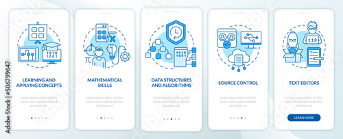 Program development skills blue onboarding mobile app screen. Walkthrough 5 steps graphic instructions pages with linear concepts. UI, UX, GUI template. Myriad Pro-Bold, Regular fonts used