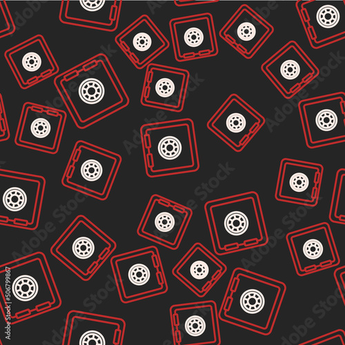 Line Safe icon isolated seamless pattern on black background. The door safe a bank vault with a combination lock. Reliable Data Protection. Vector