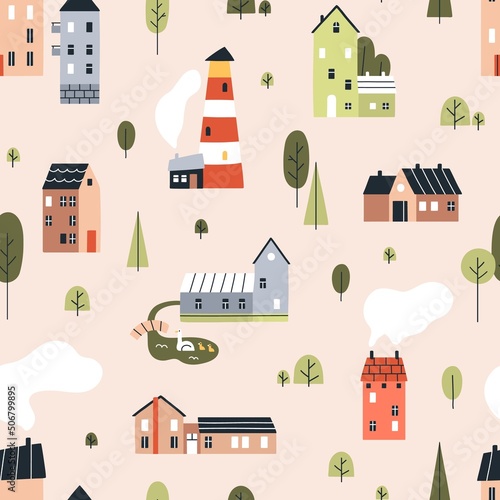 Scandinavian houses pattern. Seamless background with cute homes, city and town buildings, lighthouse, trees. Nordic endless texture design. Scandi repeating print. Colored flat vector illustration