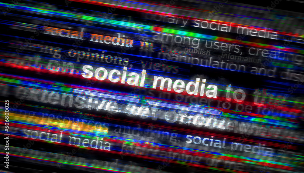 Headline news across international media with Social media and personal communication network. Abstract concept of news titles on noise displays. TV glitch effect 3d illustration.