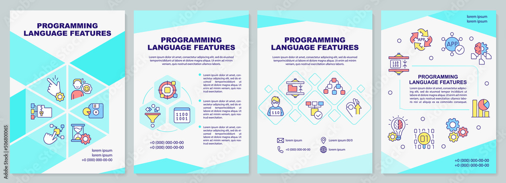 Programming language features brochure template. Writing code. Leaflet design with linear icons. 4 vector layouts for presentation, annual reports. Arial-Black, Myriad Pro-Regular fonts used