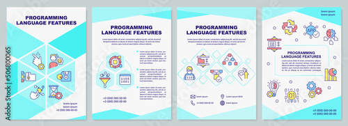 Programming language features brochure template. Writing code. Leaflet design with linear icons. 4 vector layouts for presentation, annual reports. Arial-Black, Myriad Pro-Regular fonts used