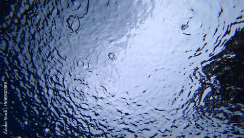 View from under the water to the sky and rain. Drops fall on the surface of the water create water circles. Gray clouds and blue sky are visible. Dark green highlights of trees. An unusual look