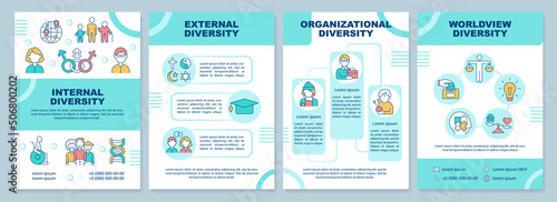 Workplace diversity turquoise brochure template. Team work. Leaflet design with linear icons. Editable 4 vector layouts for presentation, annual reports. Arial-Black, Myriad Pro-Regular fonts used