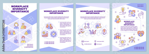 Workplace diversity importance purple brochure template. Leaflet design with linear icons. Editable 4 vector layouts for presentation, annual reports. Arial-Black, Myriad Pro-Regular fonts used
