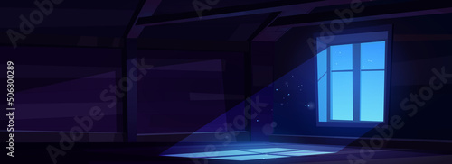 Empty house attic at night. Blank storage under roof of residential building. Vector cartoon interior of dark garret, mansard with wooden beams, floor, window and dust flying in moonlight