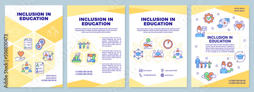 Inclusion in education yellow brochure template. Leaflet design with linear icons. Editable 4 vector layouts for presentation, annual reports. Arial-Black, Myriad Pro-Regular fonts used