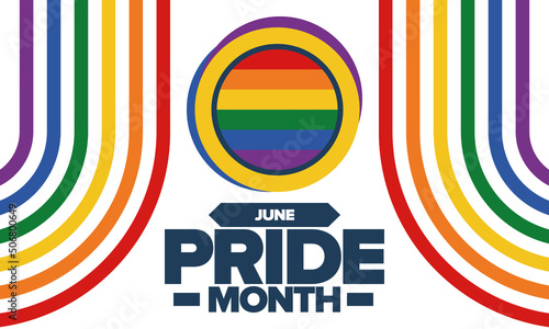 Pride Month in June. LGBT flag. Lesbian Gay Bisexual Transgender. Celebrated annual. Rainbow colours, love concept. Human rights and tolerance. Poster, banner and background. Vector illustration