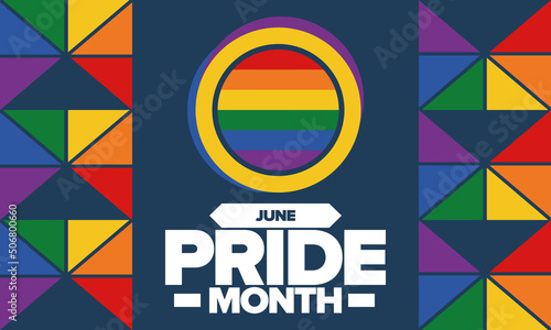 Pride Month in June. LGBT flag. Lesbian Gay Bisexual Transgender. Celebrated annual. Rainbow colours, love concept. Human rights and tolerance. Poster, banner and background. Vector illustration