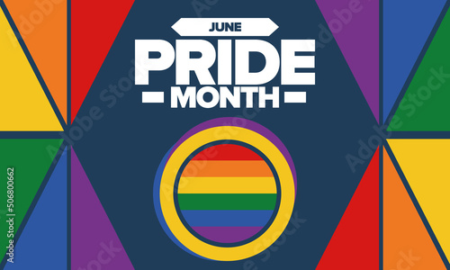 Pride Month in June. LGBT flag. Lesbian Gay Bisexual Transgender. Celebrated annual. Rainbow colours, love concept. Human rights and tolerance. Poster, banner and background. Vector illustration