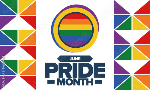 Pride Month in June. LGBT flag. Lesbian Gay Bisexual Transgender. Celebrated annual. Rainbow colours, love concept. Human rights and tolerance. Poster, banner and background. Vector illustration