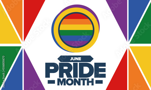 Pride Month in June. LGBT flag. Lesbian Gay Bisexual Transgender. Celebrated annual. Rainbow colours, love concept. Human rights and tolerance. Poster, banner and background. Vector illustration