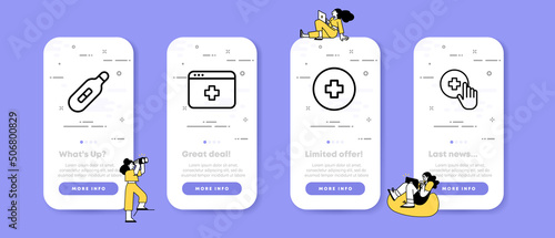 Medication set icon. Thermometer, treat, medical site, hand, consultation, doctor. Healthcare concept. UI phone app screens with people. Vector line icon for Business and Advertising