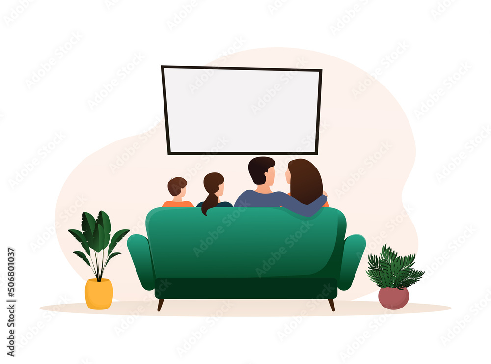 Illustration with living room design with sitting family. Cartoon people  vector illustration Stock Vector | Adobe Stock