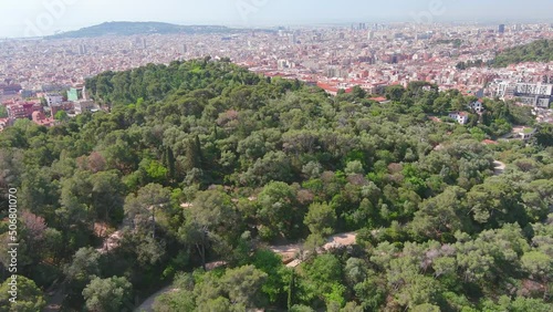 Barcelona, Spain: Aerial view of capital city of Catalonia, sunny day in Park Güell - landscape panorama of Europe from above