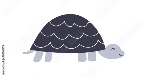 Cute baby turtle in Scandinavian style. Funny happy sea animal, Scandi child character. Sweet smiling tortoise, reptile. Childish colored flat vector illustration isolated on white background