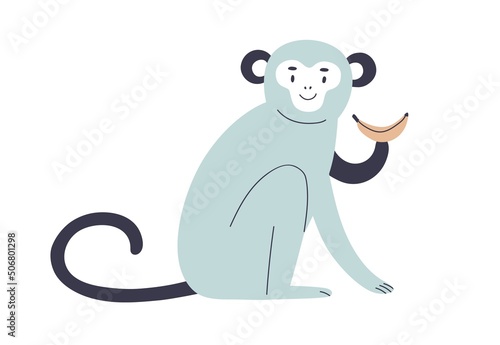 Cute baby monkey with banana. Funny happy jungle animal. Scandinavian kid cha...