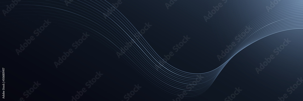Abstract flowing wave lines on dark background. Dynamic motion wave lines design element. Modern futuristic gradient flow lines. Suit for banner, poster, cover, website, header. Vector illustration - obrazy, fototapety, plakaty 