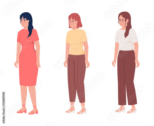 Women with different emotional states semi flat color vector characters set. Standing figures. Full body people on white. Simple cartoon style illustration for web graphic design and animation pack