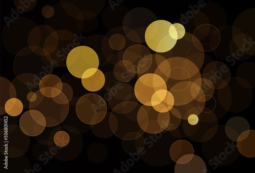 Abstract gold bokeh on black background. Transparent overlap circle shapes. Bokeh bubbles. Elegant golden geometric shapes texture. Suit for banner, poster, wallpaper, flyer. Vector illustration