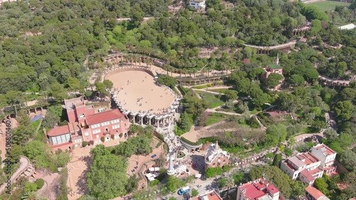 Barcelona, Spain: Aerial view of capital city of Catalonia, Teatre grec del Parc Güell - landscape panorama of Europe from above