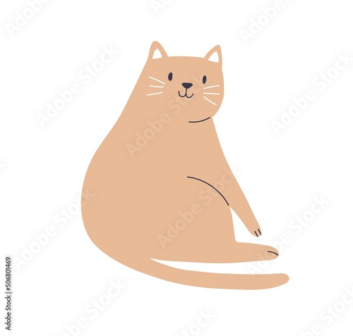 Cute cat smiling. Funny feline animal, happy home kitty. Adorable amusing kitten. Sweet lovely character in Scandinavian style. Childish colored flat vector illustration isolated on white background