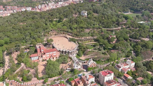 Barcelona, Spain: Aerial view of capital city of Catalonia, Teatre grec del Parc Güell - landscape panorama of Europe from above