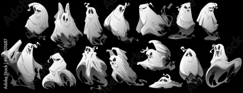 Halloween set with ghost characters with different emotions isolated on black background. Vector cartoon illustration of flying white phantom, spooky spirit smiling, scare, happy, surprised and angry