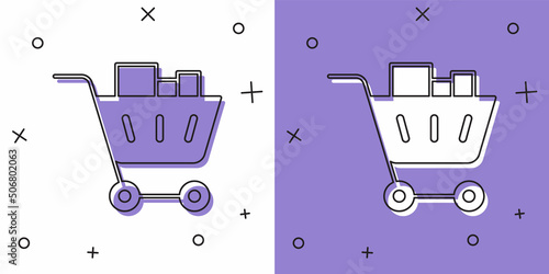 Set Shopping cart and food icon isolated on white and purple background. Food store, supermarket. Vector