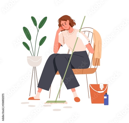 Woman tired of household chores. Exhausted girl with mop during housework. Sad unhappy fatigue housewife feeling bad after domestic house work. Flat vector illustration isolated on white background