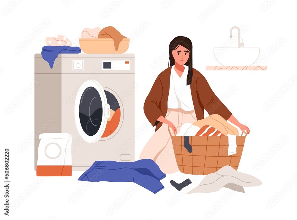 Tired woman with laundry. Exhausted upset female during household work