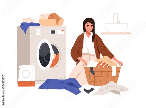 Tired woman with laundry. Exhausted upset female during household work. Sad overwhelmed housewife loading washing machine, doing housework. Flat vector illustration isolated on white background