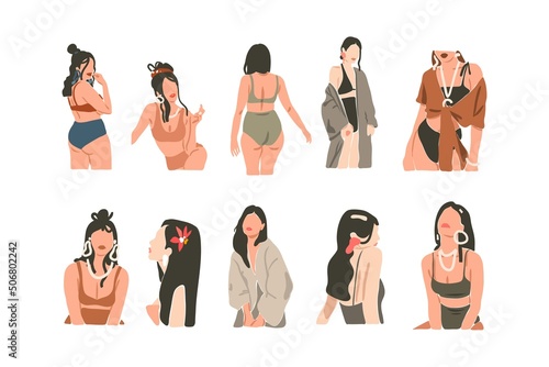Hand drawn vector abstract stock flat graphic contemporary aesthetic fashion illustrations collection set with bohemian,beautiful modern collage women in minimal style isolated.Modern woman design.