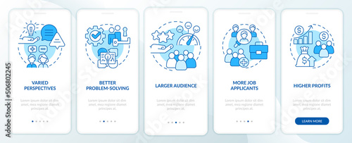 Workplace diversity advantages blue onboarding mobile app screen. Walkthrough 5 steps editable graphic instructions with linear concepts. UI, UX, GUI template. Myriad Pro-Bold, Regular fonts used