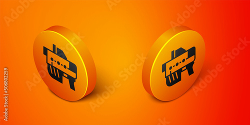 Isometric Futuristic space gun blaster icon isolated on orange background. Laser Handgun. Alien Weapon. Orange circle button. Vector