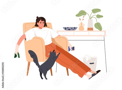 Exhausted woman after housework, household duties. Sad tired female housewife dont want cleaning, doing house work. Unhappy fatigue girl. Flat vector illustration isolated on white background