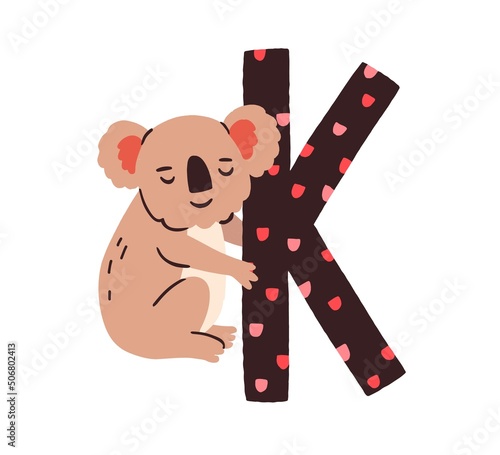 Baby koala bear hugging letter K of childish English alphabet in Scandinavian style. Cute kids animal for fun language learning. Childrens flat vector illustration isolated on white background