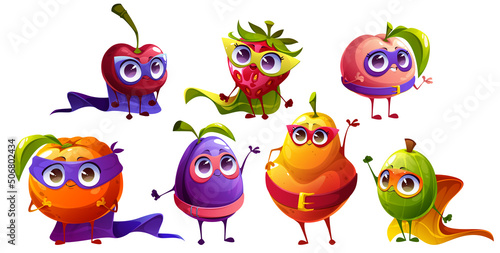 Fruits superheroes cartoon characters, super hero personages cherry, strawberry, peach, plum or mandarin with pear or gooseberry wear cape and mask. Funny kids menu personages Vector illustration, set
