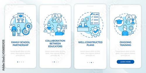Success of inclusive classrooms blue onboarding mobile app screen. Walkthrough 4 steps editable graphic instructions with linear concepts. UI, UX, GUI template. Myriad Pro-Bold, Regular fonts used