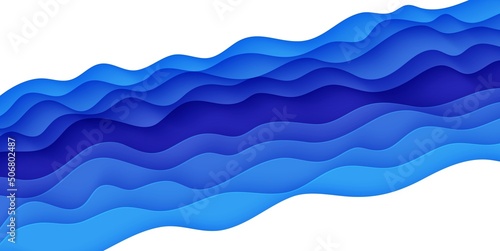 Abstract background with water waves in paper cut style. 3d wallpaper with cut out deep wavy modern cover. Blue color layers with smooth shadow papercut art. Vector illustration, origami shapes