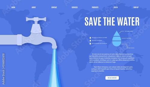Web page Save the Water banner design template in paper cut style. Faucet tap with a dripping water drop and Earth map silhouette. 22 March World Water Day website. Vector card illustration.