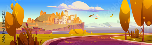Mediterranean autumn landscape stone houses on cliff at sea, road, mountains and trees with orange yellow foliage under blue sky. Scenery fall panorama, beautiful nature, Cartoon vector illustration