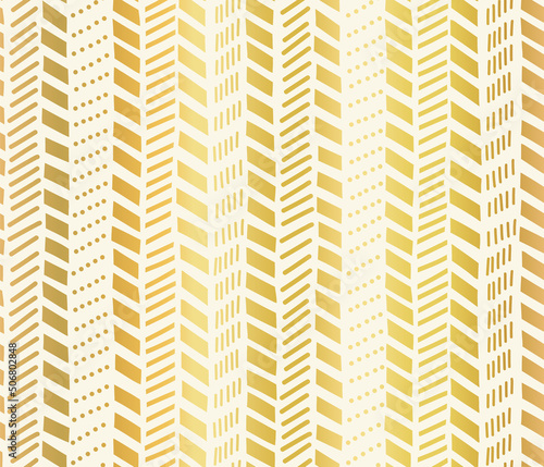 Golden abstract seamless vector background. Gold foil arrows herringbone isolated on white repeating pattern. Doodle chevron hand drawn striped cute elegant geometric vertical stripe texture . © StockArtRoom