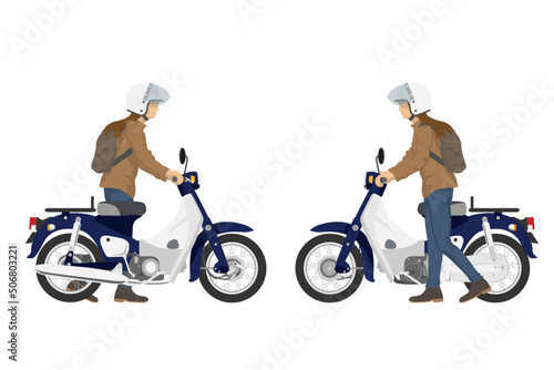 原付バイクを押す女性　横