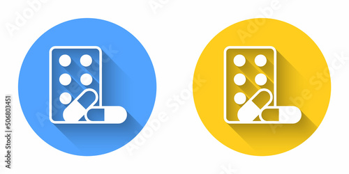 White Sports doping, anabolic drugs with dumbbell icon isolated with long shadow background. Anabolic steroids tablet. Pills in jar. Circle button. Vector