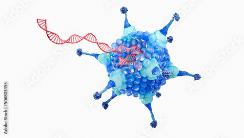 Adenovirus, the virus has an icosahedral capsid with hexon proteins, penton bases, fibers and receptors, inside a double-stranded DNA, 3d illustration on white background. photo