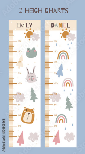Forest growth chart. Kids forest height chart printable with bear, hare, frog, rainbow, clouds.