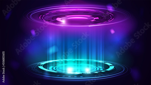 Blue and pink digital podium with hologram digital rings in dark room